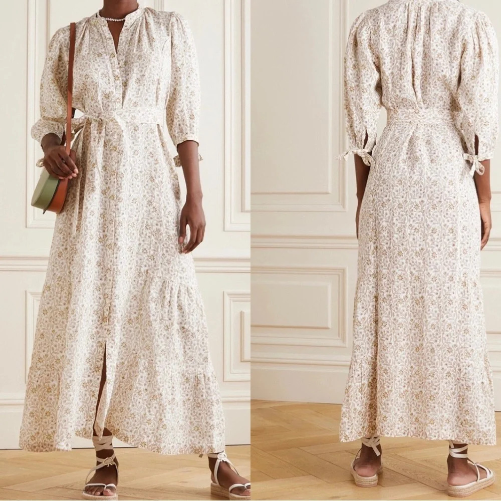 NWT Hannah Artwear Camellia Print Linen Maxi Tiered Puff Sleeve Long Maxi Dress